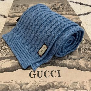 NEW GUCCI Metallic Wool Ribbed Knit Scarf Sky Blue